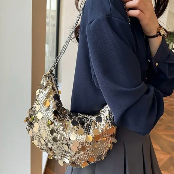 NEW GOLD SEQUIN HANDBAG-NEW-SHOULDER, CROSSBODY, CLUTCH-SHIMMERING SPARKLING - Picture 4 of 7
